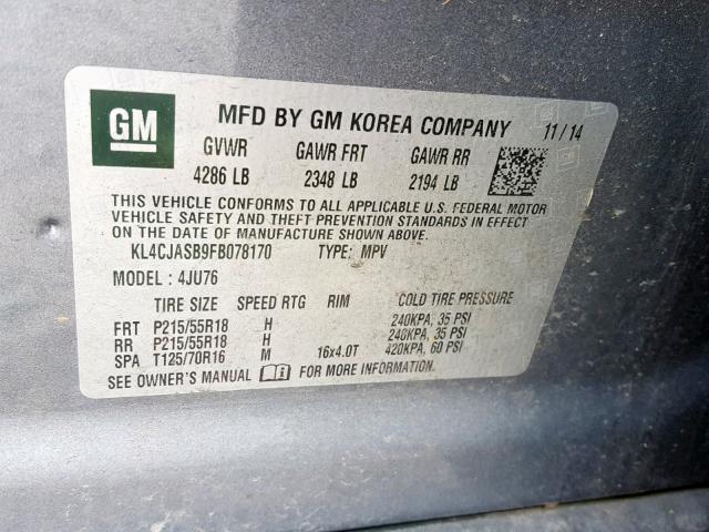 KL4CJASB9FB078170 - 2015 BUICK ENCORE GRAY photo 10