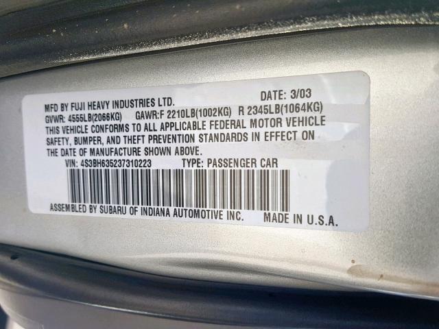 4S3BH635237310223 - 2003 SUBARU LEGACY L SILVER photo 10