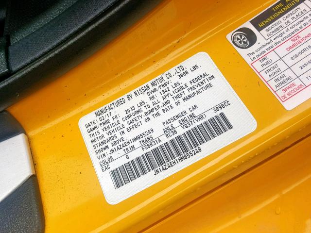 JN1AZ4EH1HM955249 - 2017 NISSAN 370Z BASE YELLOW photo 10