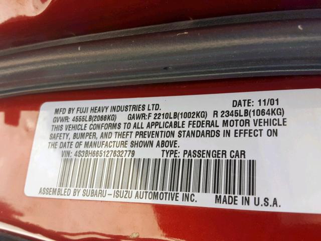 4S3BH665127632779 - 2002 SUBARU LEGACY OUT MAROON photo 10