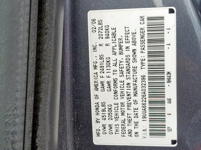 19UUA66226A032396 - 2006 ACURA 3.2TL GRAY photo 10