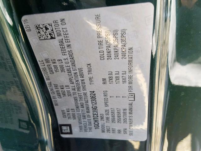 1GCHTCE39G1230624 - 2016 CHEVROLET COLORADO L GREEN photo 10