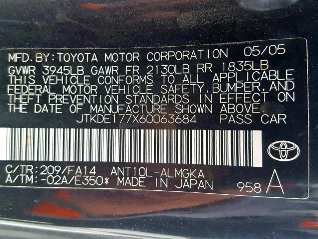 JTKDE177X60063684 - 2006 TOYOTA SCION TC შავი ფოტო 10