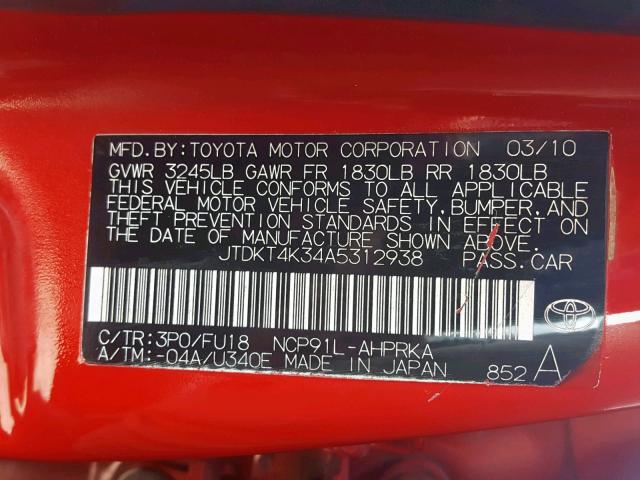 JTDKT4K34A5312938 - 2010 TOYOTA YARIS RED photo 10