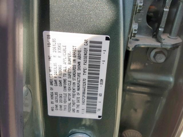 1HGCP2F88AA032970 - 2010 HONDA ACCORD EXL GREEN photo 10