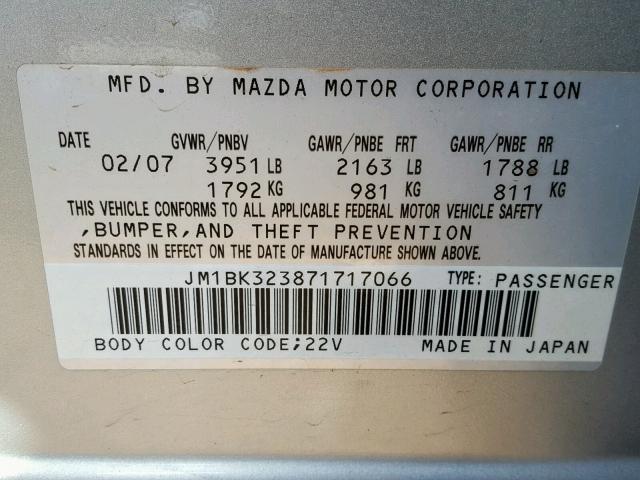 JM1BK323871717066 - 2007 MAZDA 3 S GRAY photo 10