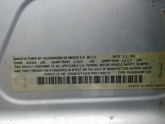 3VWEG71K97M074872 - 2007 VOLKSWAGEN JETTA WOLF SILVER photo 10