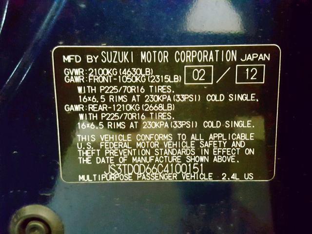 JS3TD0D66C4100151 - 2012 SUZUKI GRAND VITA BLUE photo 10