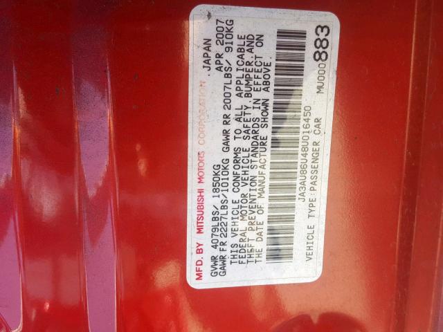 JA3AU86U48U016450 - 2008 MITSUBISHI LANCER GTS RED photo 10