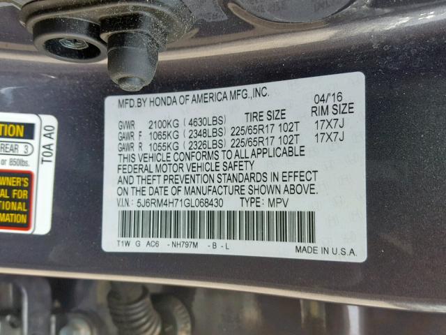 5J6RM4H71GL068430 - 2016 HONDA CR-V EXL GRAY photo 10