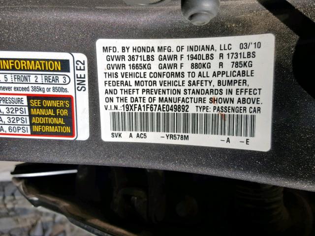 19XFA1F67AE049892 - 2010 HONDA CIVIC LX-S Boz foto 10