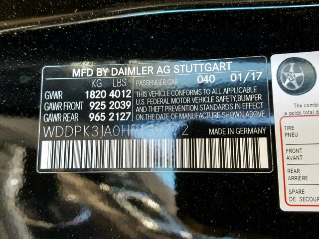 WDDPK3JA0HF139772 - 2017 MERCEDES-BENZ SLC 300 BLACK photo 10