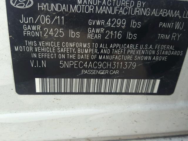 5NPEC4AC9CH311379 - 2012 HYUNDAI SONATA SE WHITE photo 10