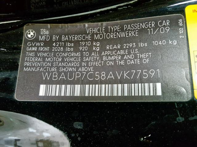 WBAUP7C58AVK77591 - 2010 BMW 128 I BLACK photo 10