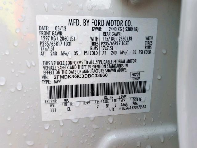 2FMDK3GC3DBC33660 - 2013 FORD EDGE SE WHITE photo 10