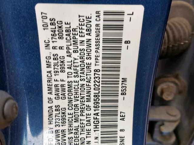 1HGFA16958L022378 - 2008 HONDA CIVIC EXL BLUE photo 10