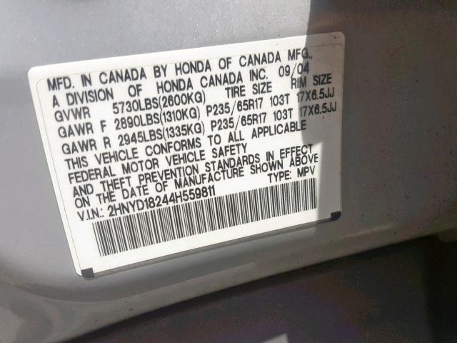 2HNYD18244H559811 - 2004 ACURA MDX SILVER photo 10