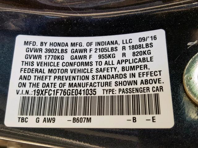 19XFC1F76GE041035 - 2016 HONDA CIVIC EXL 灰色 照片 10