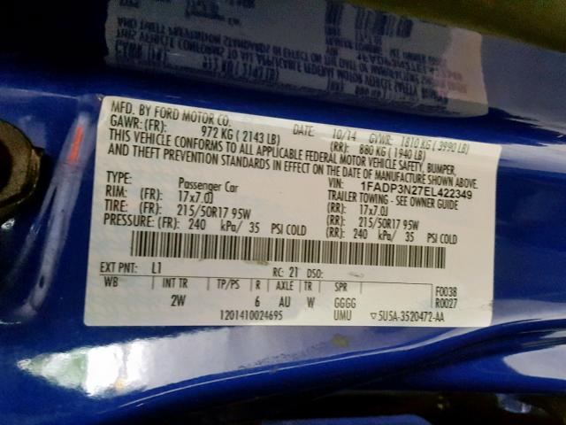 1FADP3N27EL422349 - 2014 FORD FOCUS TITA BLUE photo 10