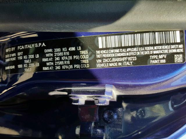 ZACCJBAB5HPF16723 - 2017 JEEP RENEGADE S BLUE photo 10