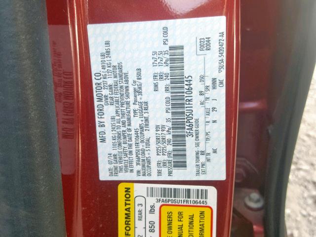 3FA6P0SU1FR106445 - 2015 FORD FUSION TIT RED photo 10