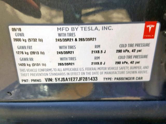 5YJSA1E27JF281433 - 2018 TESLA MODEL S GRAY photo 10