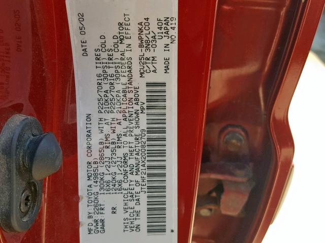 JTEHF21AX20082709 - 2002 TOYOTA HIGHLANDER RED photo 10