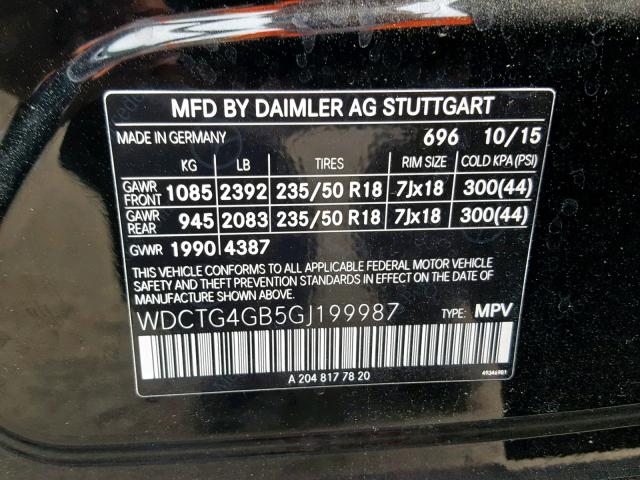 WDCTG4GB5GJ199987 - 2016 MERCEDES-BENZ GLA 250 4M BLACK photo 10