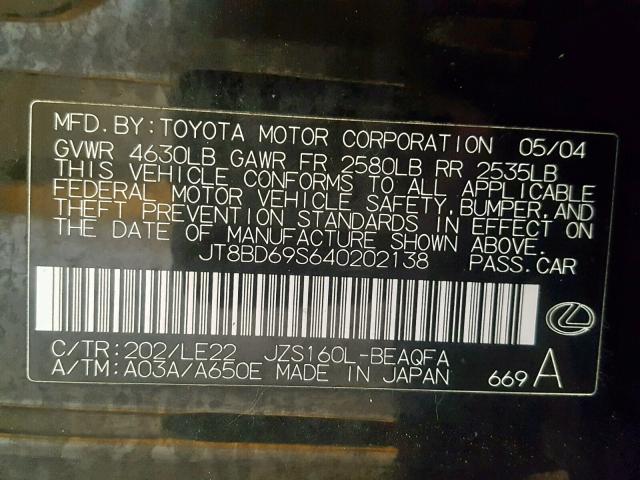 JT8BD69S640202138 - 2004 LEXUS GS 300 BLACK photo 10