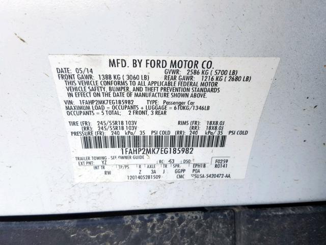 1FAHP2MK7EG185982 - 2014 FORD TAURUS POL WHITE photo 10