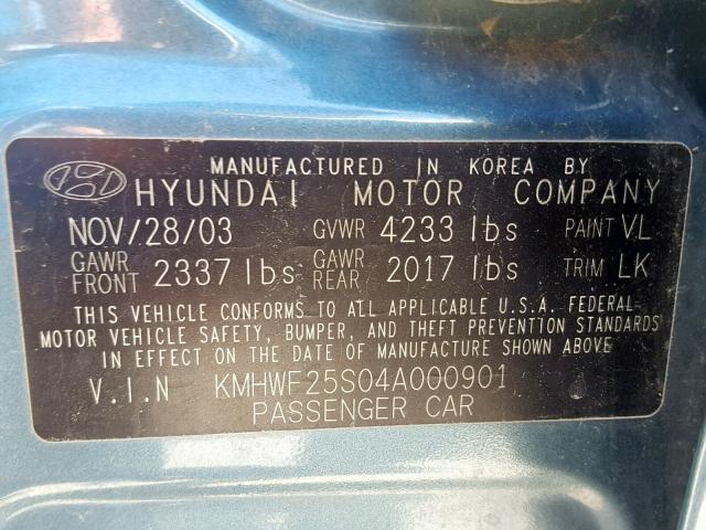 KMHWF25S04A000901 - 2004 HYUNDAI SONATA GL TURQUOISE photo 10