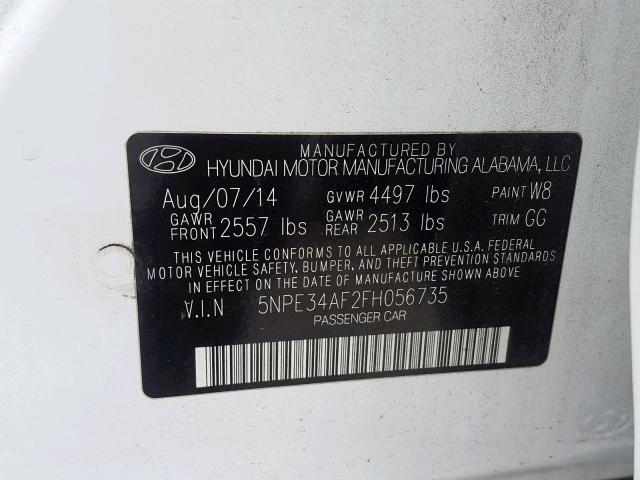 5NPE34AF2FH056735 - 2015 HYUNDAI SONATA SPO WHITE photo 10