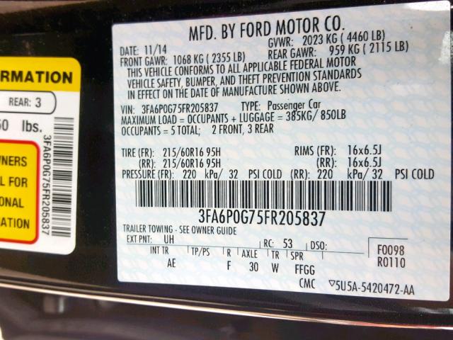 3FA6P0G75FR205837 - 2015 FORD FUSION S BLACK photo 10