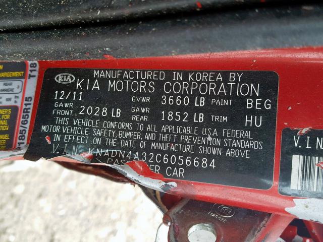 KNADN4A32C6056684 - 2012 KIA RIO EX RED photo 10