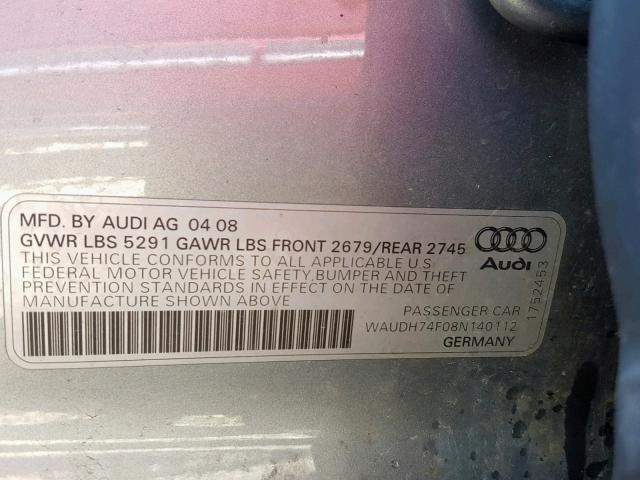 WAUDH74F08N140112 - 2008 AUDI A6 3.2 QUA GRAY photo 10