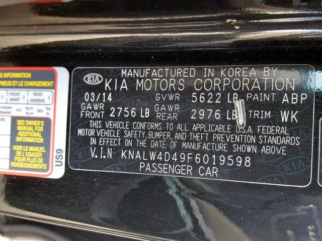 KNALW4D49F6019598 - 2015 KIA K900 BLACK photo 10