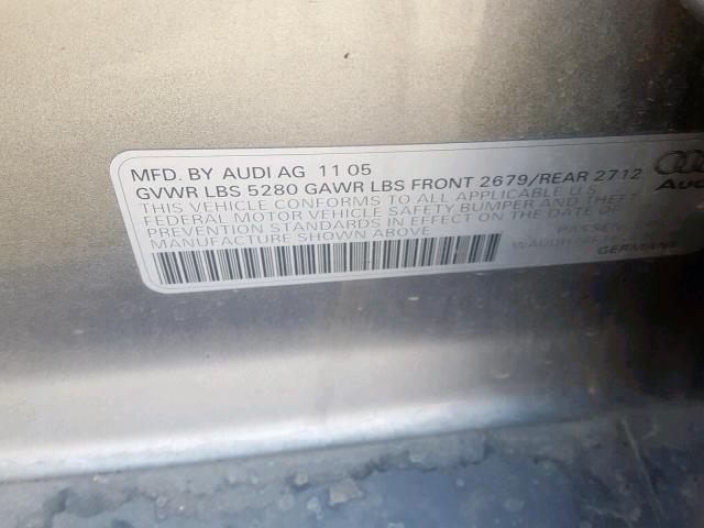 WAUDH74F36N099150 - 2006 AUDI A6 3.2 QUA GRAY photo 10