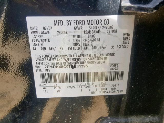 2FMDK48C97BB41395 - 2007 FORD EDGE SEL BLACK photo 10