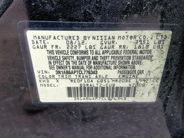 3N1AB6AP7CL776343 - 2012 NISSAN SENTRA 2.0 BLACK photo 10