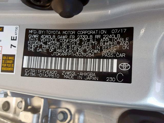 JTDKARFP1H3039284 - 2017 TOYOTA PRIUS PRIM 银色 照片 10