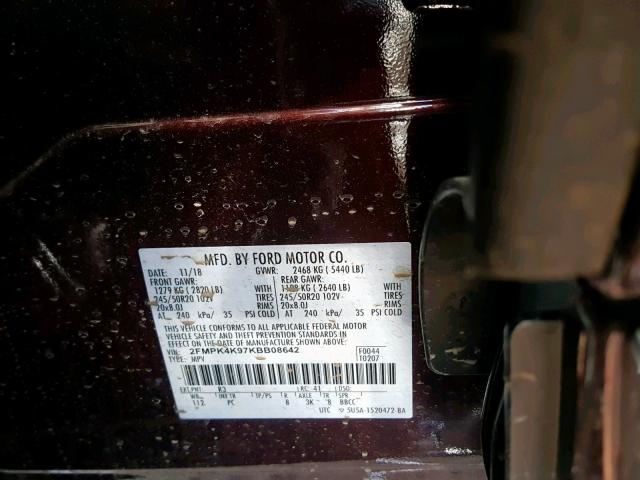 2FMPK4K97KBB08642 - 2019 FORD EDGE TITAN BURGUNDY photo 10