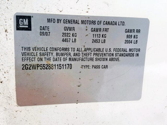 2G2WP552881151170 - 2008 PONTIAC GRAND PRIX WHITE photo 10