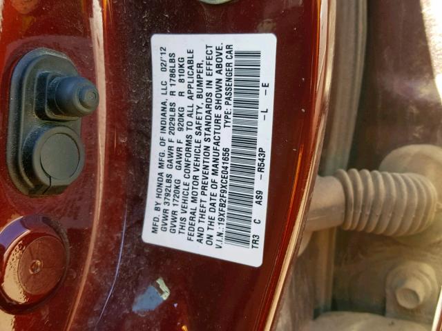 19XFB2F9XCE041656 - 2012 HONDA CIVIC EXL MAROON photo 10