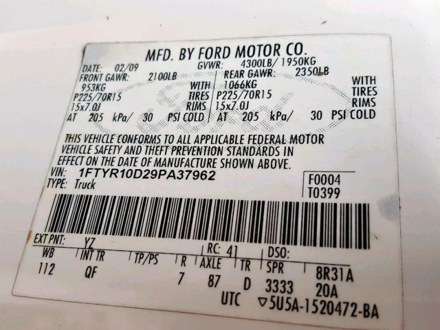 1FTYR10D29PA37962 - 2009 FORD RANGER WHITE photo 10