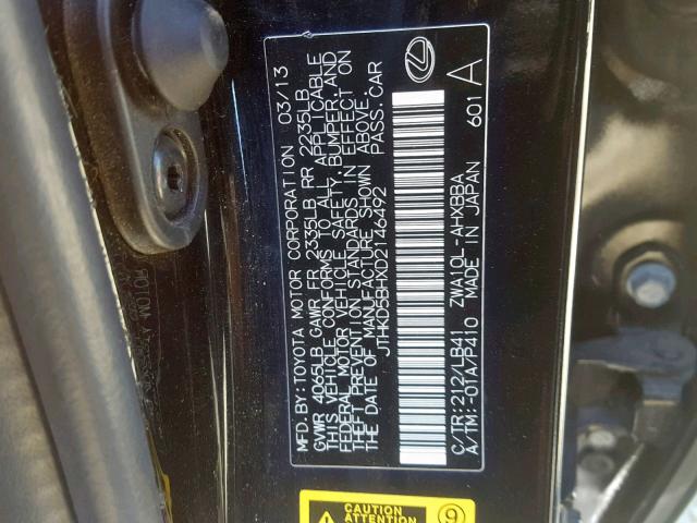 JTHKD5BHXD2146492 - 2013 LEXUS CT 200 BLACK photo 10