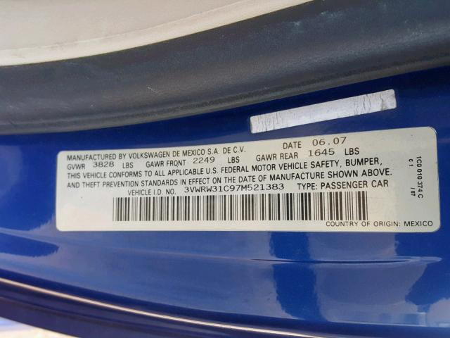 3VWRW31C97M521383 - 2007 VOLKSWAGEN NEW BEETLE أزرق صورة 10