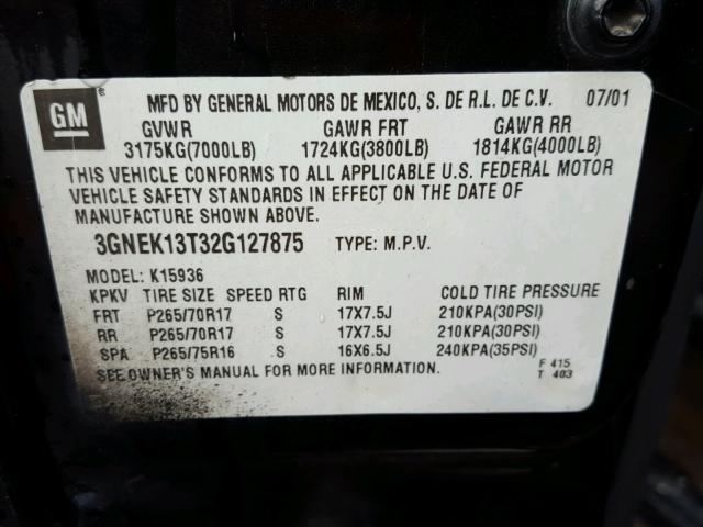 3GNEK13T32G127875 - 2002 CHEVROLET AVALANCHE BLACK photo 10