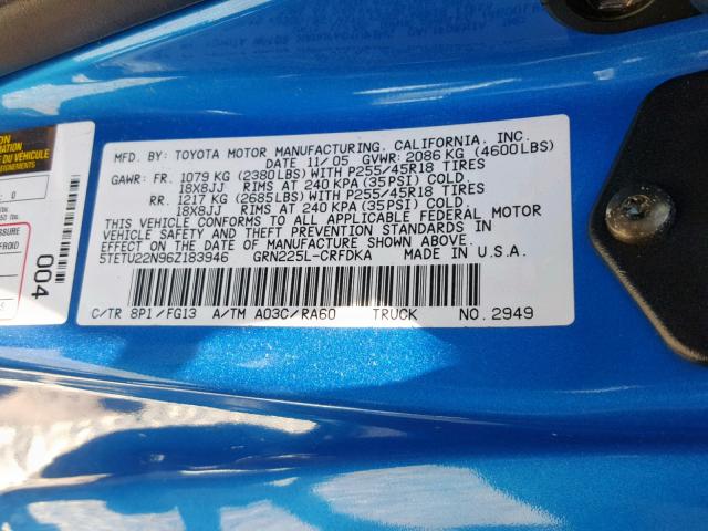 5TETU22N96Z183946 - 2006 TOYOTA TACOMA X-R BLUE photo 10