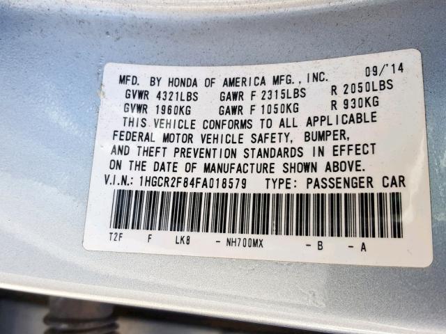 1HGCR2F84FA018579 - 2015 HONDA ACCORD EXL SILVER photo 10