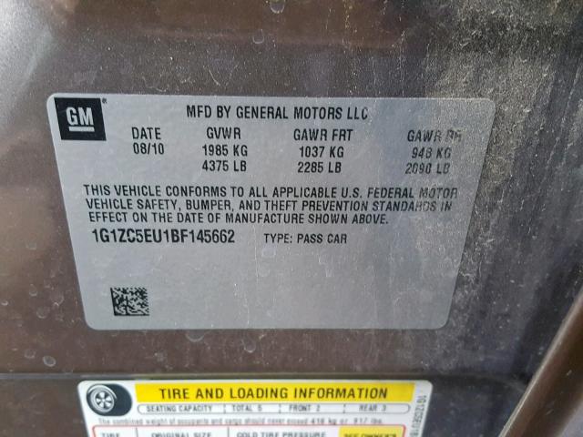 1G1ZC5EU1BF145662 - 2011 CHEVROLET MALIBU 1LT 棕色 照片 10